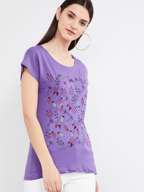 

max Women Violet Printed Round Neck T-shirt