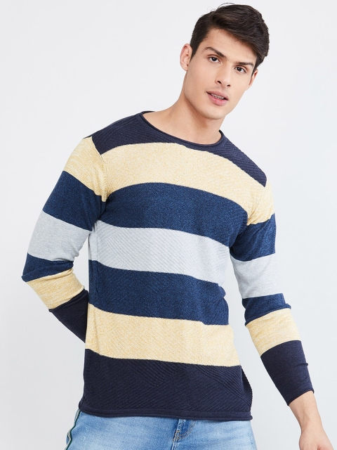 

max Men Blue & Yellow Striped Pullover Sweater