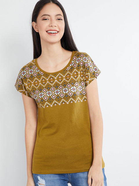 

max Women Olive Green Solid Round Neck T-shirt