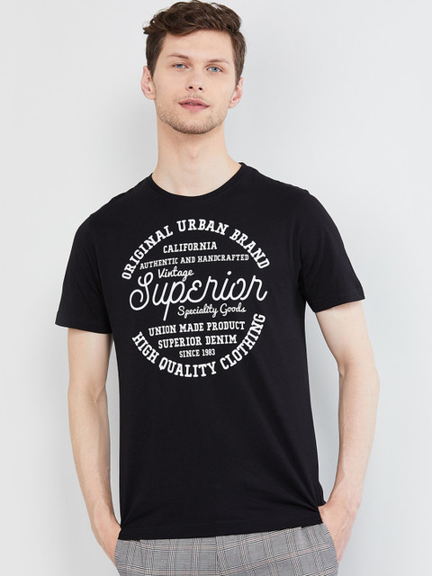 

max Men Black Printed Round Neck T-shirt