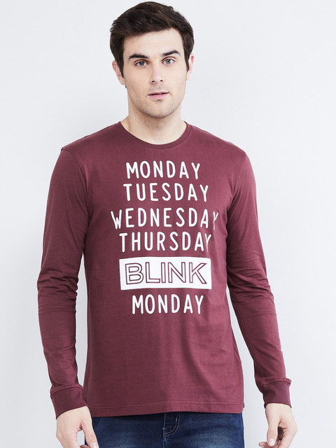 

max Men Burgundy Printed Round Neck T-shirt