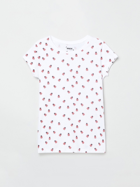 

max Girls White Pink Printed Round Neck Pure Cotton T-shirt