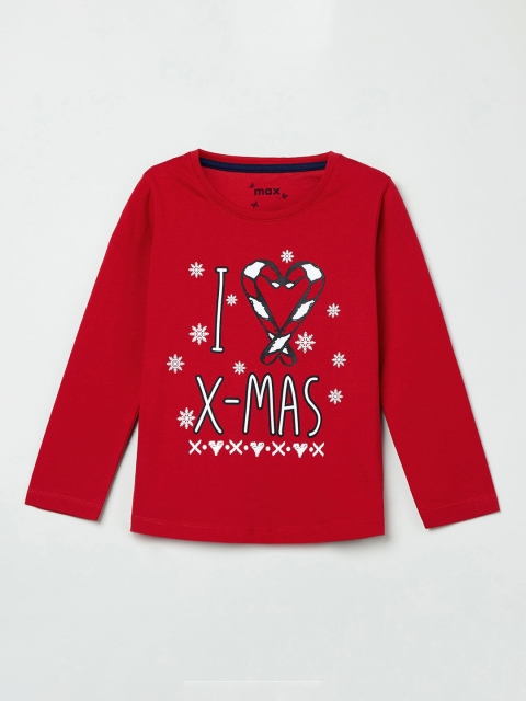 

max Girls Red & White Printed Round Neck T-shirt