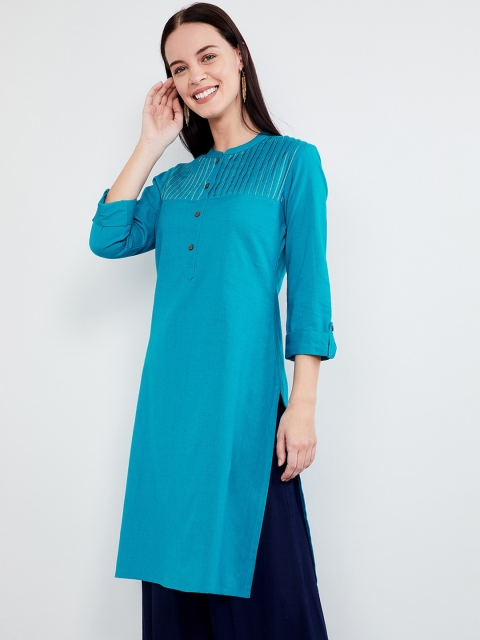 

max Women Turquoise Blue Solid Straight Kurta