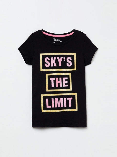 

max Girls Black Printed Round Neck T-shirt