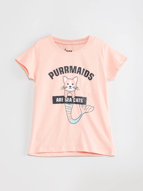 

max Girls Peach-Coloured Printed Round Neck T-shirt