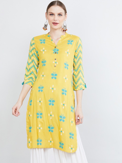 

max Women Yellow & Blue Quirky Print Straight Kurta
