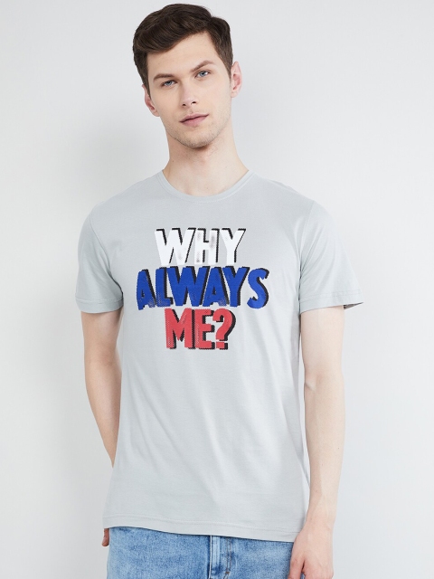 

max Men Grey Printed Round Neck T-shirt