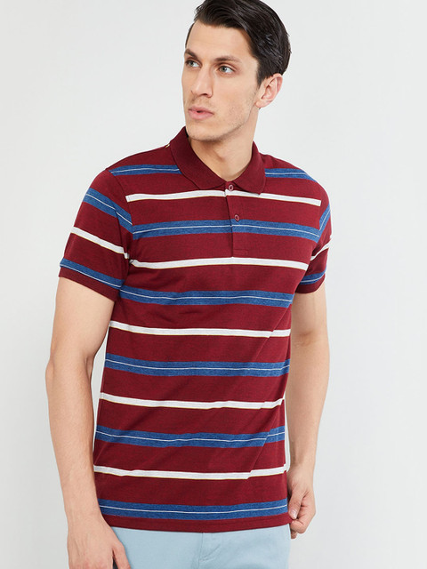 

max Men Maroon Striped Scoop Neck T-shirt
