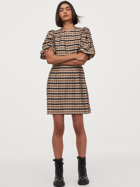 

H&M Women Beige Checked Lyocell-Blend Dress