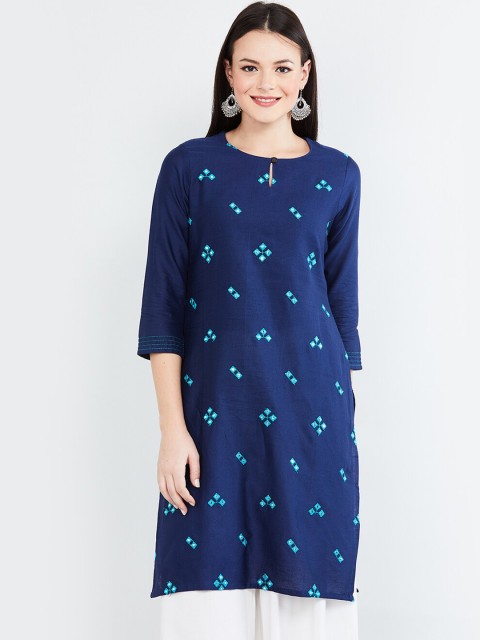 

max Women Navy Blue & Sea Green Embroidered Straight Kurta