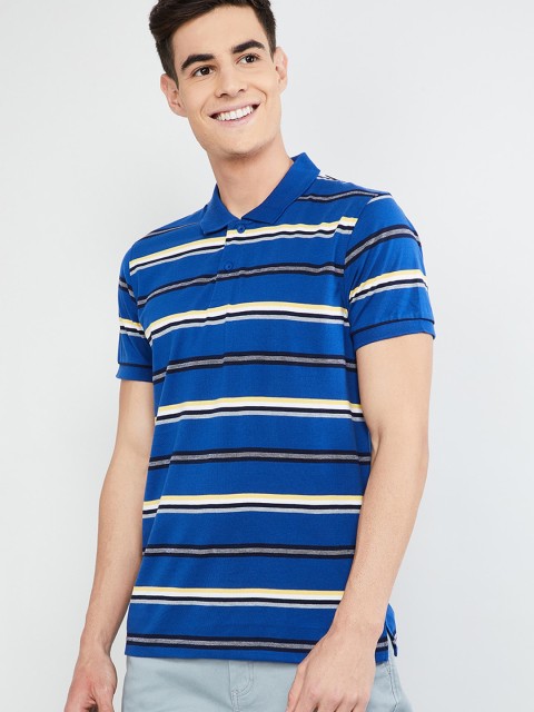

max Men Blue Striped Polo Collar T-shirt
