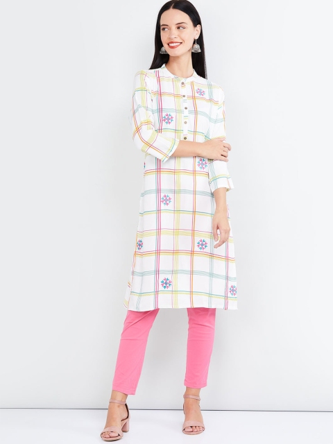 

max Women White & Yellow Checked Straight Kurta
