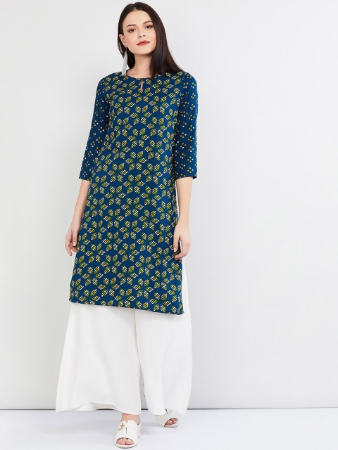 

max Women Navy Blue & Green Printed Straight Kurta