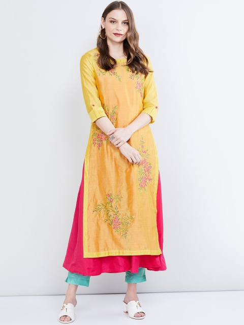 max Women Yellow & Pink Embroidered Straight Layered Kurta