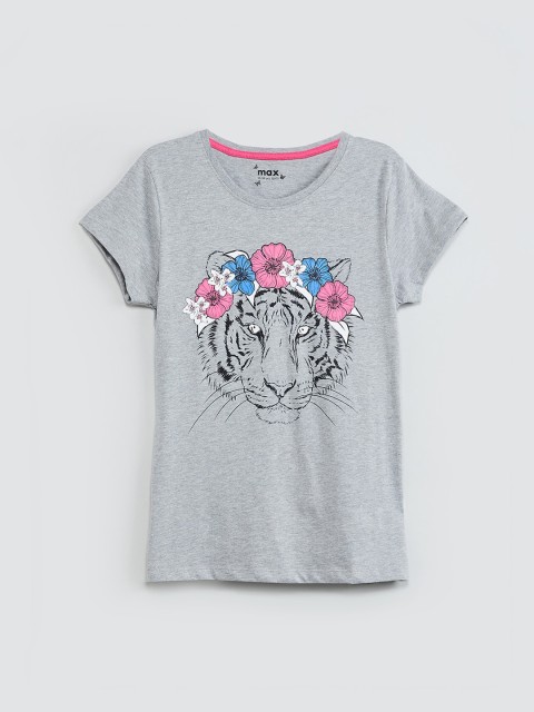 

max Girls Grey & Pink Printed Round Neck T-shirt