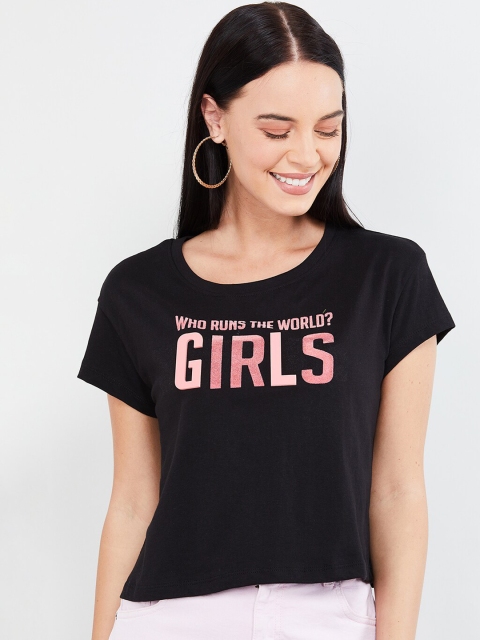 

max Women Black Printed Round Neck T-shirt