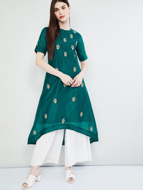 

max Women Green & Gold-Coloured Woven Design A-Line Kurta