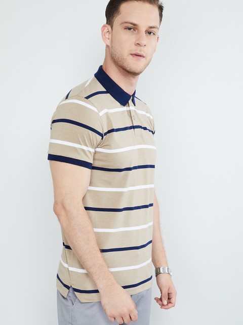 

max Men Beige Striped Polo Collar T-shirt