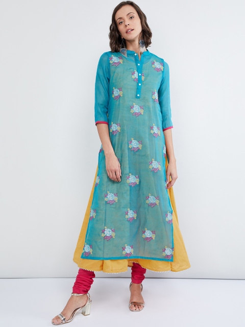 

max Women Teal Blue & Mustard Solid A-Line Kurta & Jacket