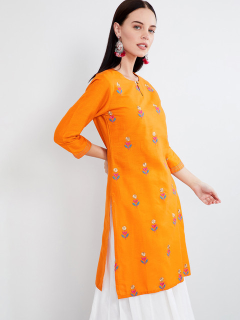 

max Women Orange & Pink Floral Embroidered Straight Kurta