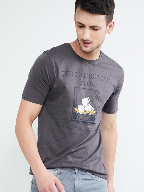 

max Men Grey Printed Round Neck T-shirt