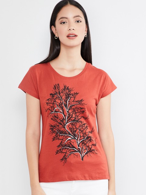 

max Women Orange Printed Round Neck T-shirt