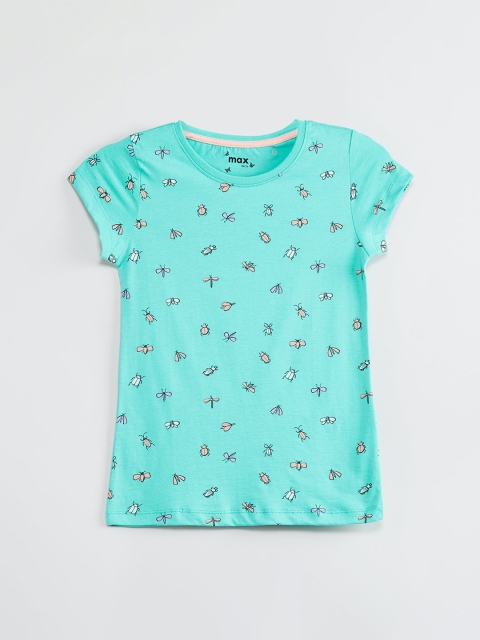 

max Girls Turquoise Blue Printed Round Neck T-shirt
