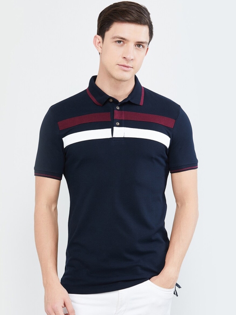 

max Men Navy Blue Striped Polo Collar T-shirt