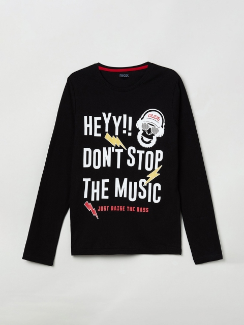 

max Boys Black Printed Round Neck T-shirt