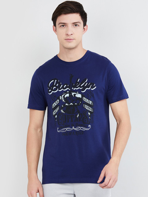 

max Men Blue & Black Printed Round Neck T-shirt