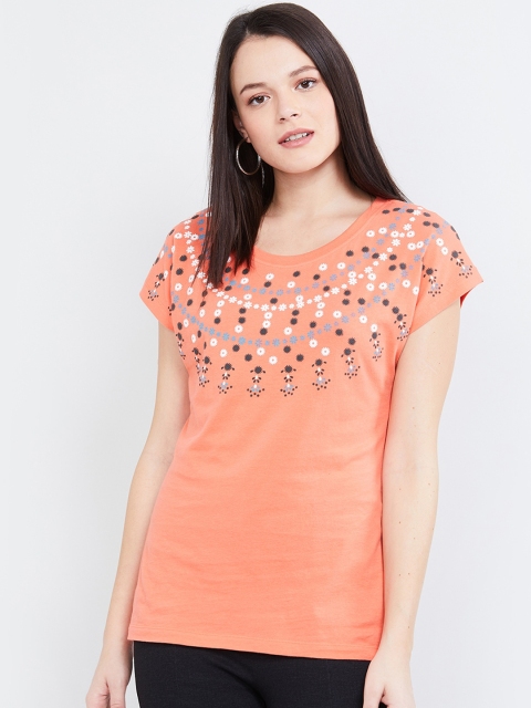 

max Women Orange Printed Round Neck T-shirt