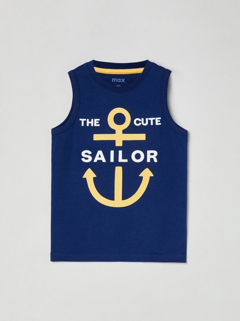 

max Boys Navy Blue Printed Round Neck Pure Cotton T-shirt