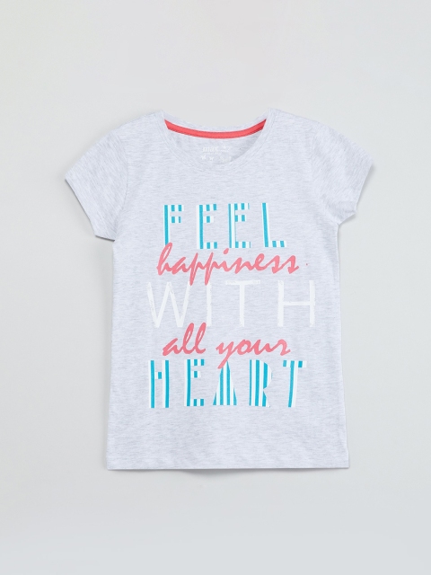 

max Girls Grey Melange Printed Round Neck T-shirt