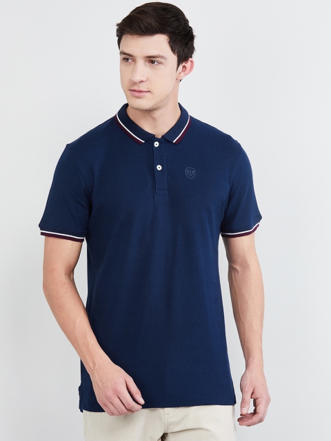 max Men Blue Slim Fit Solid Polo Collar T-shirt