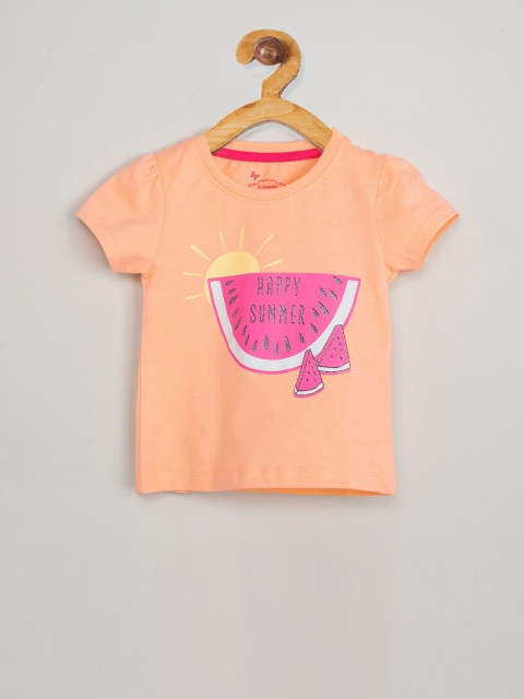 

max Girls Orange Printed Round Neck T-shirt