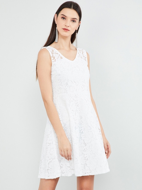 

max Women White Self Design Fit and Flare Dress