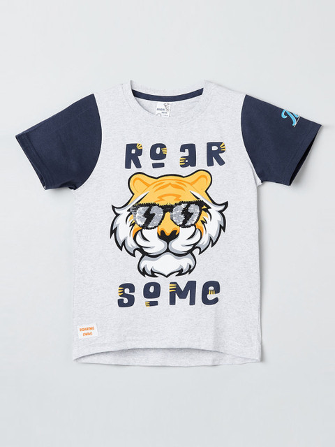 

max Boys Grey Printed Round Neck T-shirt