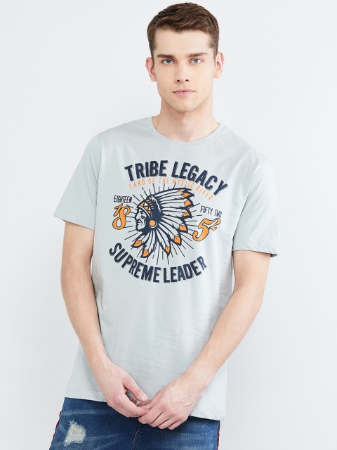 

max Men Grey & Navy Blue Printed Round Neck T-shirt
