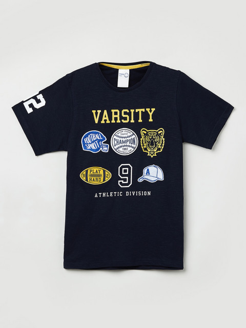 

max Boys Navy Blue & Yellow Varsity Print T-shirt