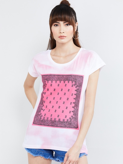 

max Women White Printed Round Neck T-shirt
