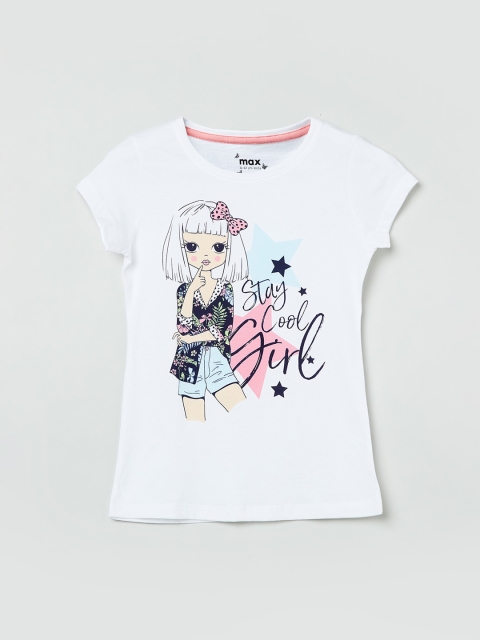 max Girls White Printed Round Neck T-shirt
