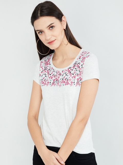 

max Women Grey Floral Print Round Neck T-shirt