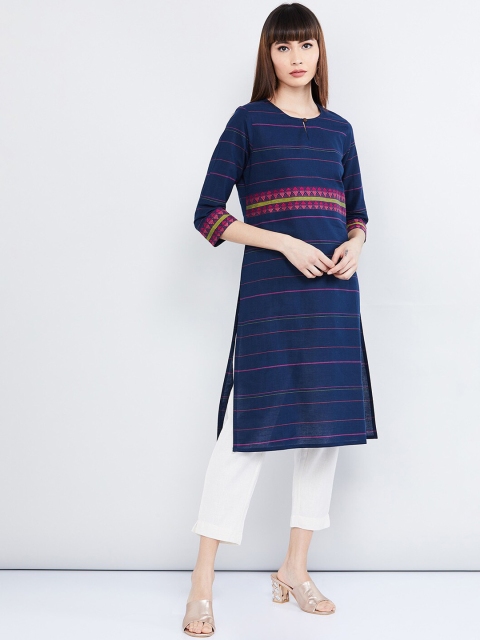 

max Women Navy Blue & Pink Embroidered Straight Kurta