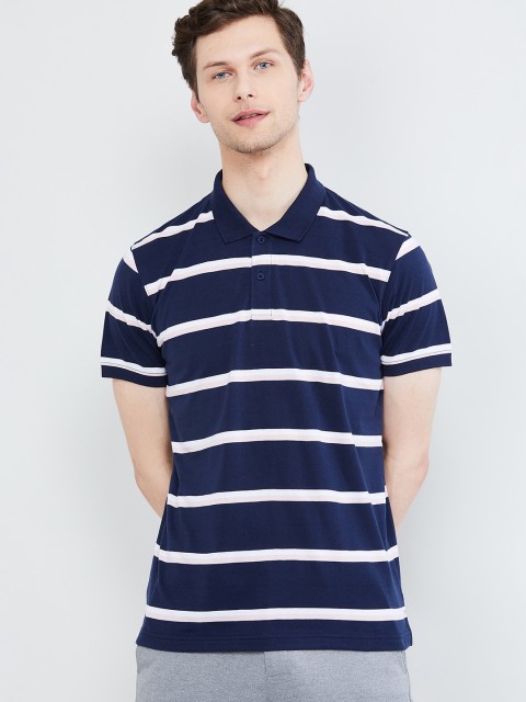 

max Men Navy Blue & White Striped Polo Collar T-shirt