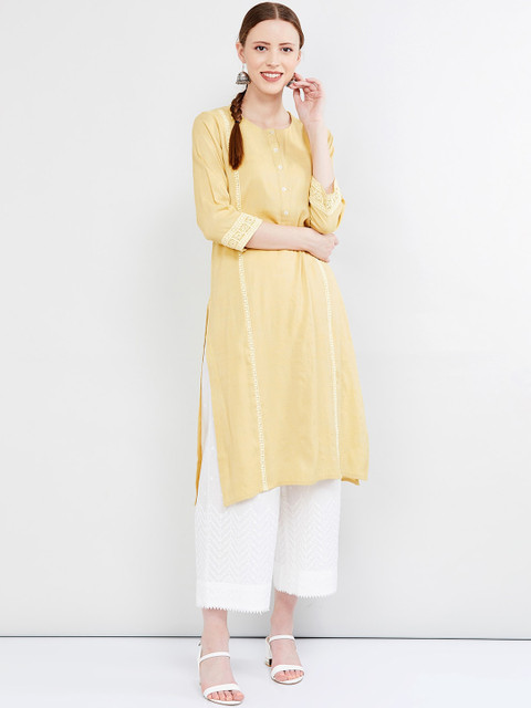 

max Women Yellow Embroidered Straight Kurta