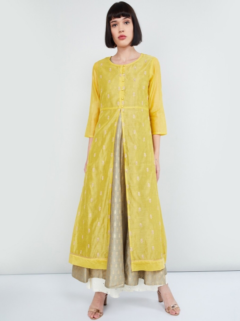 

max Women Yellow Embroidered A-Line Kurta