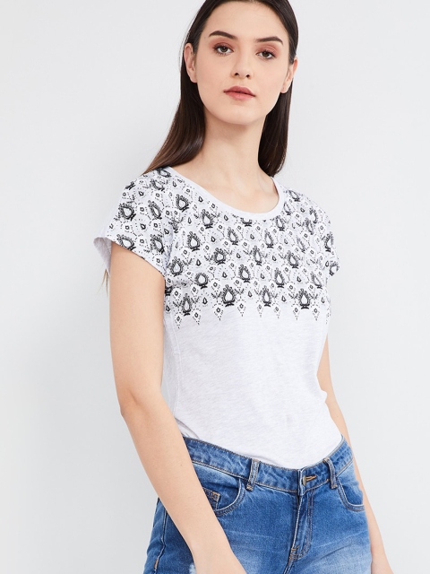 

max Women Grey Melange Printed Round Neck T-shirt
