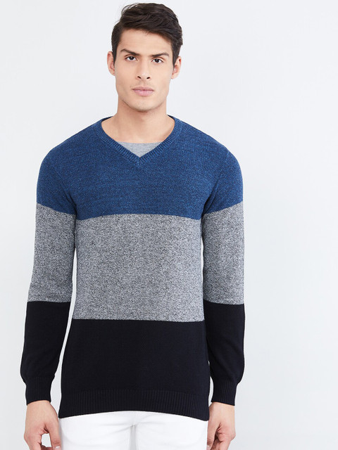 

max Men Blue & Grey Colourblocked Pullover Sweater