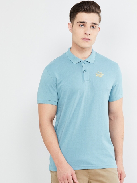 

max Men Blue Solid Polo Collar T-shirt
